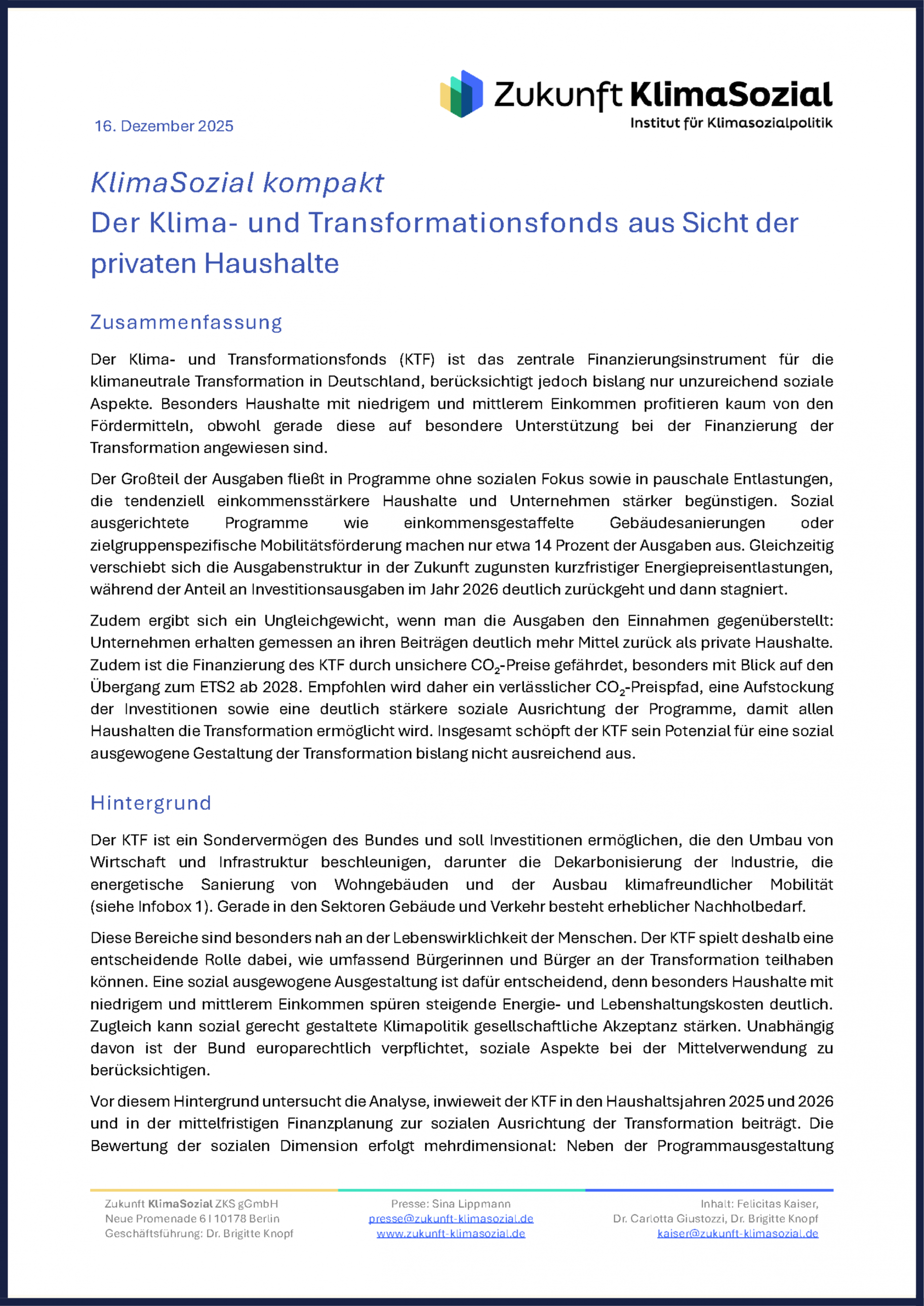 Titelseite der Publikation "Der Klima- und Transformationsfonds aus Sicht der privaten Haushalte". Zum kostenfreien Download bitte auf das Bild klicken.